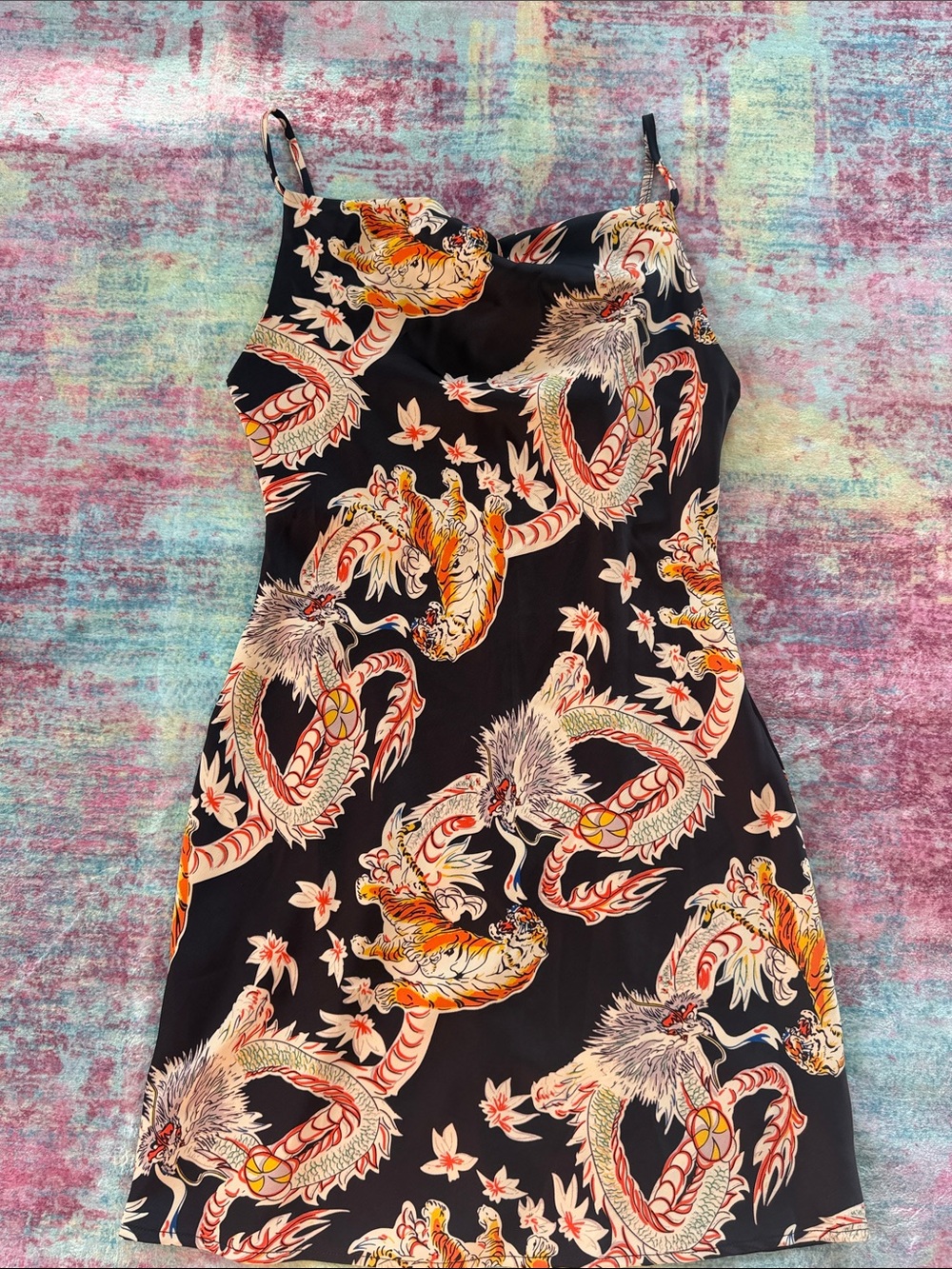 Urban Outfitters Black Slip Dress with Orange & Cream Dragon Print